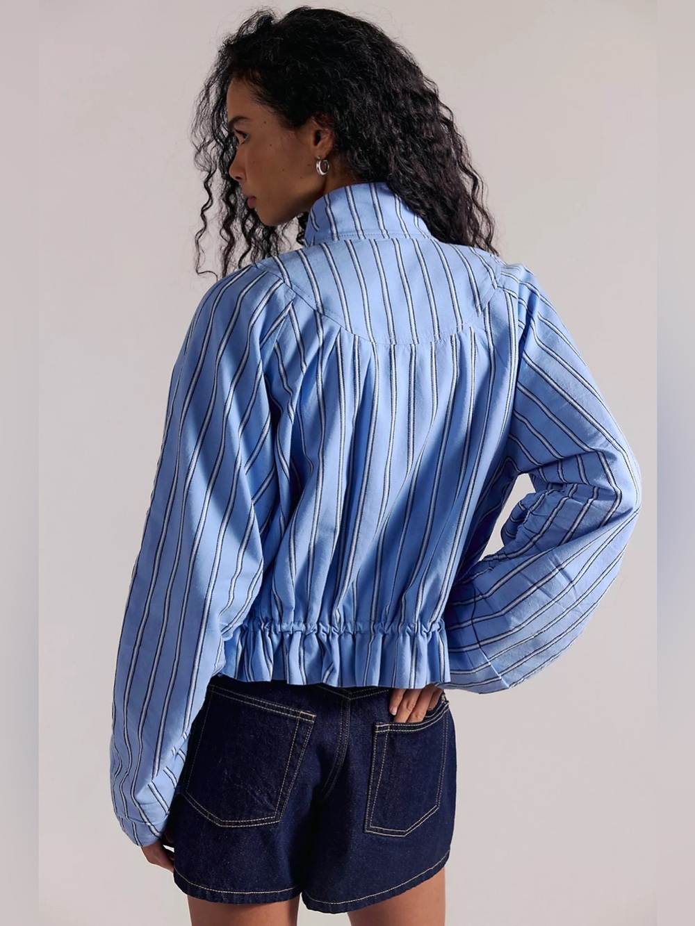 Free People Devon Striped Balloon Funnel-Neck Jacket Blue - Picture 3 of 8